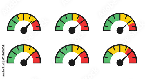 Six speedometers displaying varying performance levels with color coding