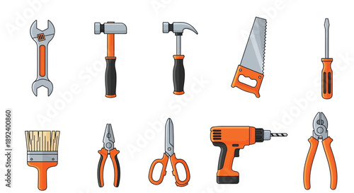 Collection of hand tools including wrenches hammers and screwdrivers