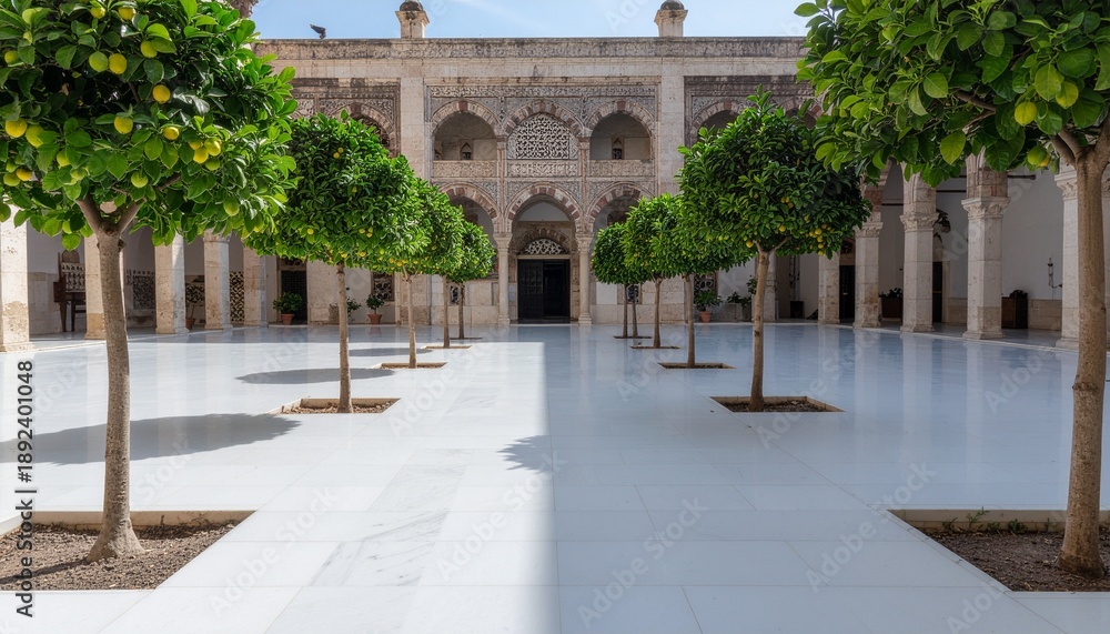 Obraz premium Damascus Courtyard Light. Islamic Culture – Building and Architecture. Sunlight creates sharp contrasts between the central lemon trees, the marble floor, and the decorated archways.