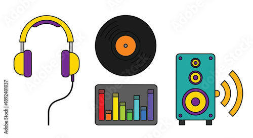 Colorful illustration depicting headphones vinyl record speaker and audio equalizer