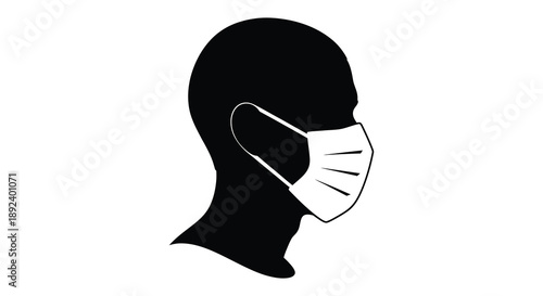 A stark black silhouette depicts a human head profile wearing a surgical mask representing health and safety concerns silhouette