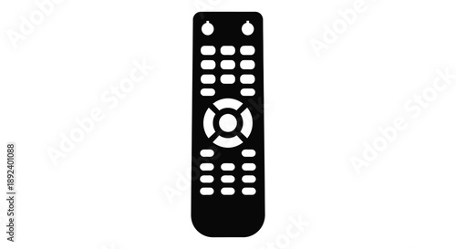 A stark black graphic depicts a modern television remote control with numerous buttons presented as a silhouette high quality professional