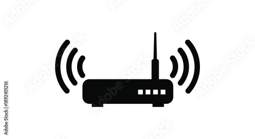 A minimalist depiction of a wireless router emitting radio waves shown as a striking black silhouette high quality professional detailed