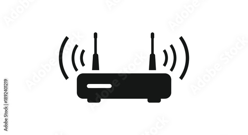 A minimalist black icon depicts a wireless router with radiating signal waves representing connectivity and network access silhouette high quality