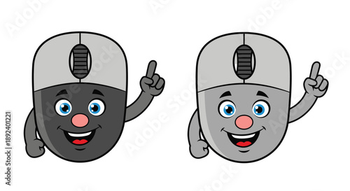 Two cartoon computer mice are cheerfully pointing upwards