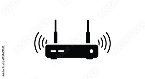 A stark black silhouette of a wireless router emitting signal waves representing modern network connectivity and technology silhouette high quality