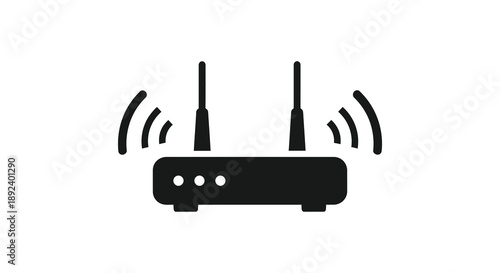 A minimalistic black silhouette depicts a wireless router with radiating signal waves representing modern network connectivity silhouette high quality professional