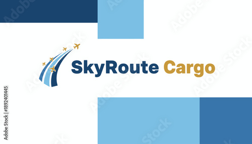 Dynamic blue and gold SkyRoute Cargo text logo with flying star trail lines on a blue and white background with geometric color blocks.