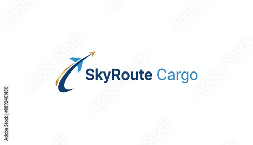 Abstract blue and gold SkyRoute Cargo text logo with an upward curving arrow and arc icon on an isolated white background.