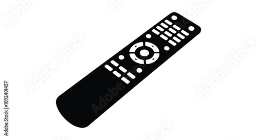 A stark black silhouette depicts a modern television remote control with numerous buttons presenting a minimalist aesthetic silhouette high quality