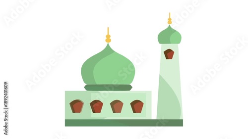 Animated mosque illustration featuring dome, minaret, and crescent moon in clean flat styles, suitable for Islamic themes, Ramadan content, religious presentations, apps, and motion graphic projects.