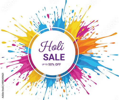 Holi sale banner with colorful paint splash background and circular label, festival of colors discount promotion template vector illustration