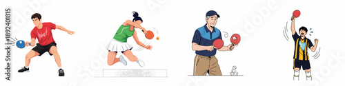 Dynamic vector illustrations depicting diverse table tennis players in action: serving, smashing, coaching, and celebrating a victory point.
