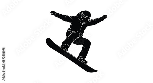 A dynamic black silhouette depicts a snowboarder mid air performing a trick with outstretched arms and legs silhouette high quality professional