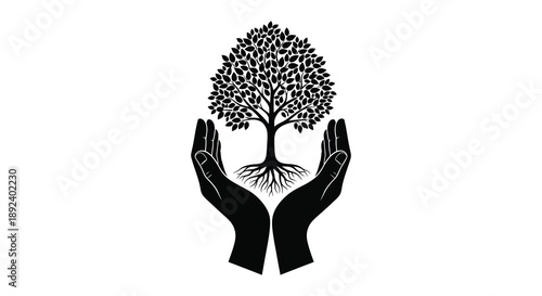 A pair of cupped hands gently cradle the roots and canopy of a flourishing tree representing growth and care silhouette