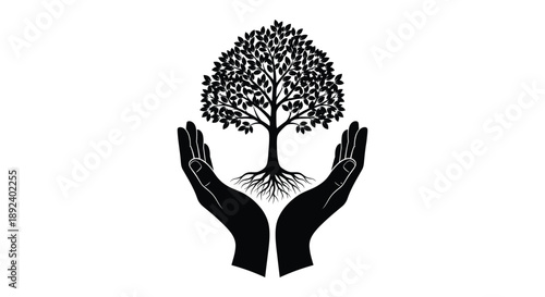 A pair of cupped hands gently cradle a detailed tree form representing growth and protection in a striking silhouette