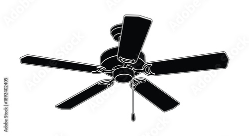 A detailed illustration showcases a classic ceiling fan with five blades a central light fixture and pull chains presented as a silhouette