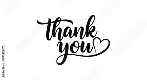 A black and white hand lettered calligraphy design displaying the words thank you with a heart presented as a silhouette