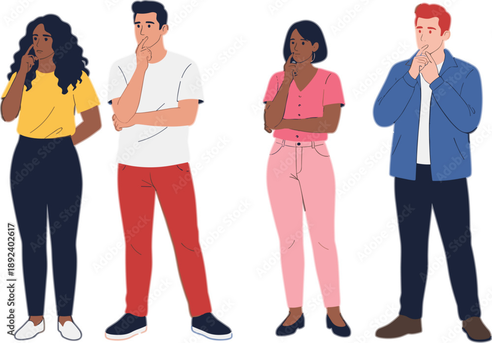 Fototapeta premium People thinking and making decisions illustration with diverse men and women in casual outfits, thoughtful poses concept for psychology and problem solving vector