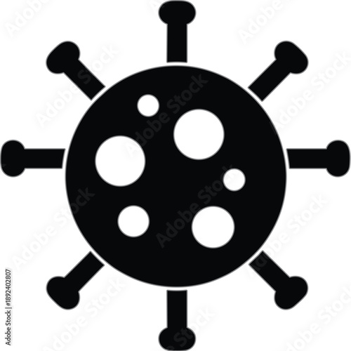 Simple black virus icon silhouette with round germ shape and spike arms, minimal coronavirus symbol isolated on white vector illustration