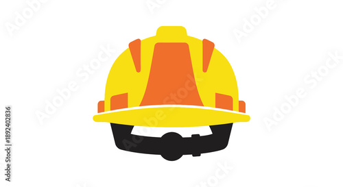 A brightly colored yellow and orange hard hat is prominently displayed against a stark white background creating a bold silhouette