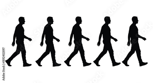 A line of six men depicted in a walking sequence showcasing the phases of human locomotion a striking silhouette
