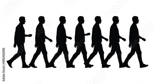 A series of black silhouettes depicting men in suits walking showcasing a progression of movement silhouette high quality professional detailed