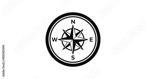 A circular compass rose design displays cardinal directions with a prominent needle pointing north presented as a bold silhouette