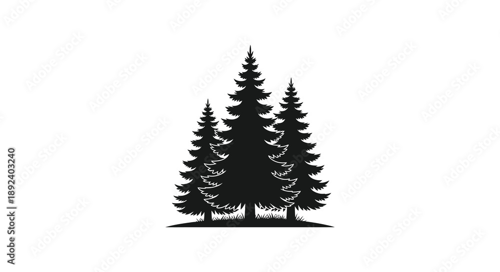 Obraz premium A striking depiction of three evergreen trees against a white background showcasing a minimalist dark silhouette high quality professional detailed