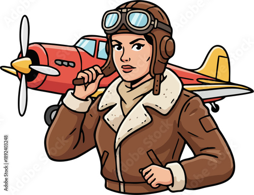 Flat Cartoon Female Pilot with Leather Jacket Goggles and Red Propeller Plane on White Background Vector