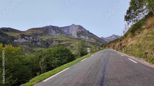 Driving up the Col du Soulor, France. Mountain pass in the Pyrenees. Part of the Tour de France and a popular spot for bird watching during the fall raptor migration.
