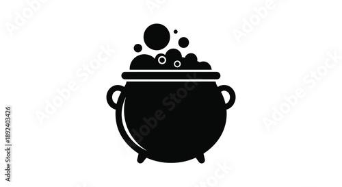 A black silhouette depicts a bubbling cauldron filled with a mysterious brew featuring circular elements a pot and handles silhouette