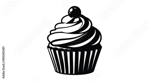 A detailed black and white illustration depicts a frosted cupcake with a cherry on top presented as a silhouette high quality professional