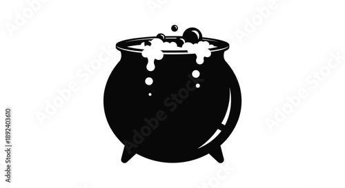 A striking black silhouette depicts a bubbling cauldron overflowing with a frothy potion evoking magical imagery and mystery silhouette
