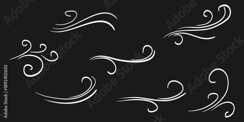 Hand drawn set wind doodle blow, gust design isolated on black background