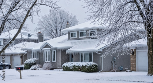 Residential house covered in heavy snow and ice after a winter storm. Frozen trees and long icicles hanging from the roof. Cold weather and freezing rain concept
