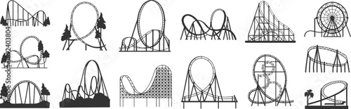 Collection of black silhouette of various roller coaster and a Ferris wheel, showcasing different tracks, loops, and structures against a white background