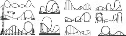 Collection of black silhouette roller coaster amusement park rides with loops and drops against a white background showcasing thrilling extreme fun