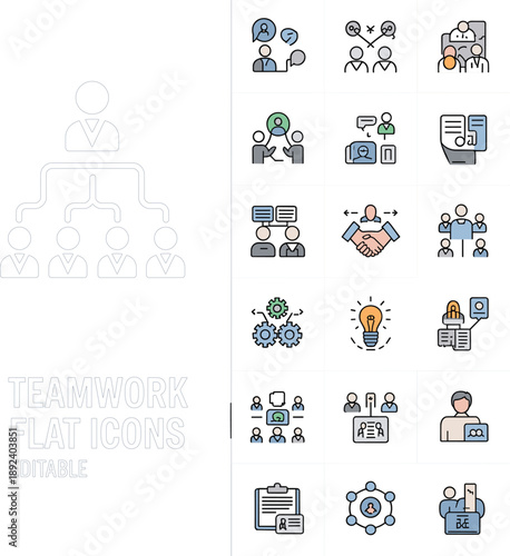 Collection of flat representing teamwork, collaboration, and business organization with editable