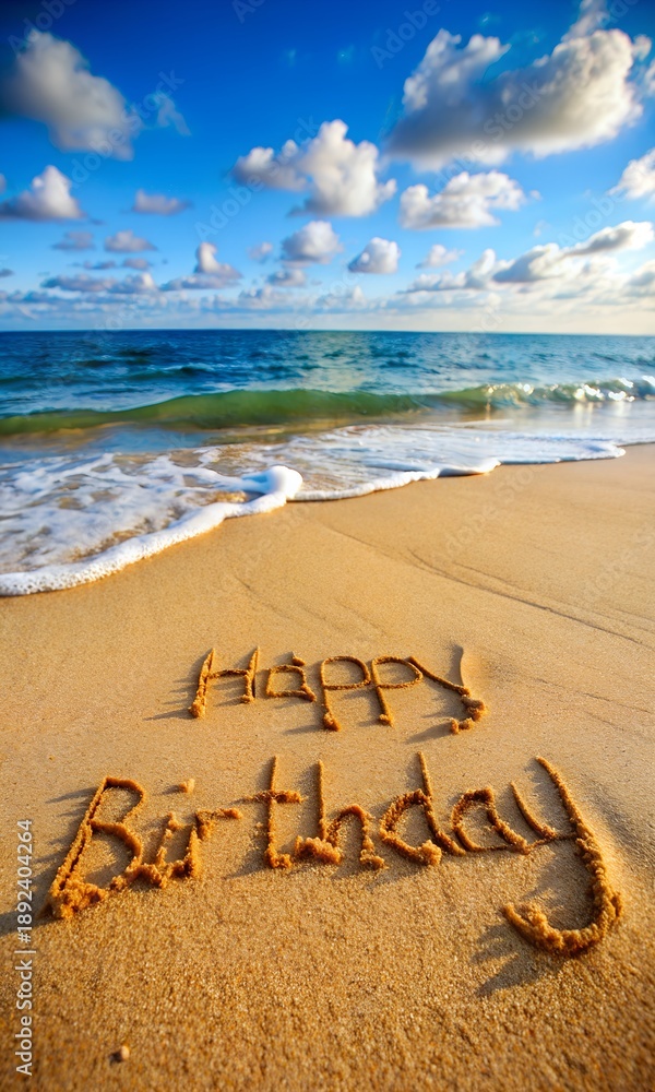 Fototapeta premium Happy Birthday Message Written in Sand on Beach 