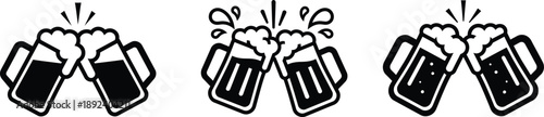 Set of three icons representing beer mugs clinking in a toast or cheers, vector illustration