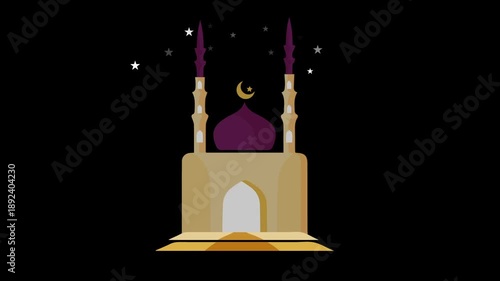 Animated mosque illustration featuring dome, minaret, and crescent moon in clean flat styles, suitable for Islamic themes, Ramadan content, religious presentations, apps, and motion graphic projects.