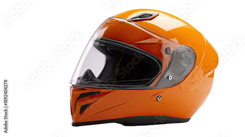 Orange full face motorcycle helmet with clear visor aerodynamic protective riding gear studio isolated on white background