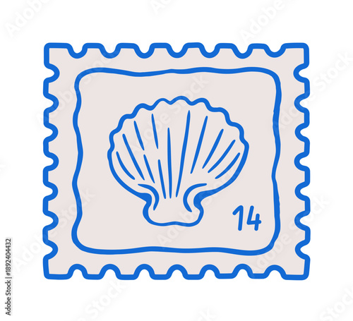 Stamp design with scallop shell in doodle Dolce vita style. Italian holiday postal mark with seashell. Hand-drawn sketch postmark, summer vacation travel souvenir. Flat vector illustration