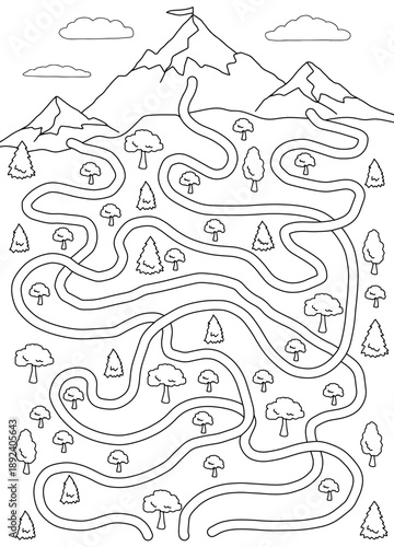 Mountain maze graphic black white sketch vertical illustration vector 
