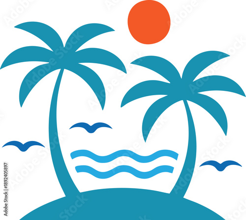 Palm Trees and Sunset Illustration, Summer Beach Vacation Icon, Colorful Tropical Island Logo, vector, illustration, silhouette.