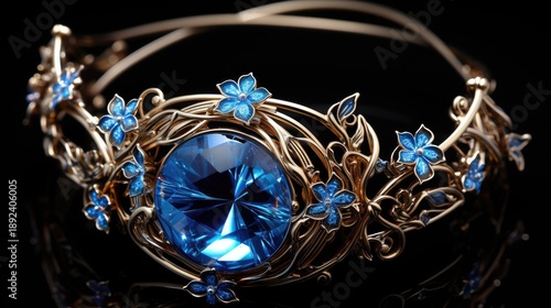 A gold ring with a blue stone, jewelry. A precious sapphire ring. Retro-style jewelry with a floral pattern and a blue diamond. A magical ring from a fairy tale.