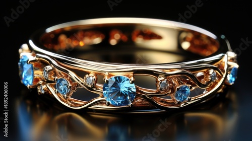 A gold ring with a blue stone, jewelry. A precious sapphire ring. Retro-style jewelry with a floral pattern and a blue diamond. A magical ring from a fairy tale.