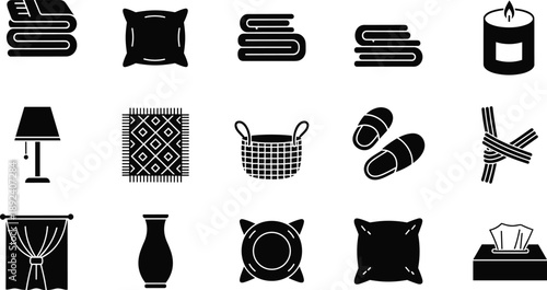 Minimalist home decor icons set featuring pillows blankets candles lamps baskets curtains slippers vases black vector illustration furniture textile symbols