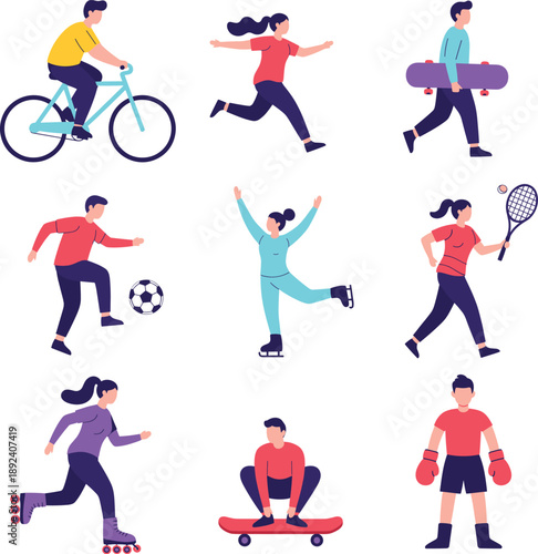 People doing sports activities collection with cycling, running, skating and fitness exercises flat vector illustration